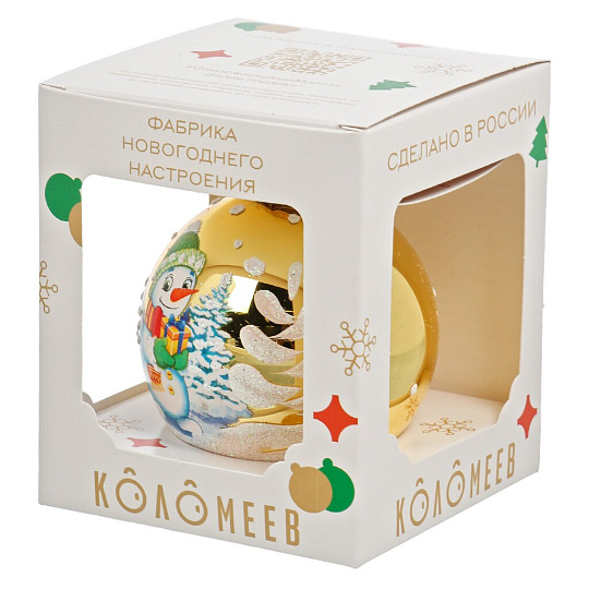 Елочный шар Снеговик с подарком, 8 см, стекло, КУ-80-244003
