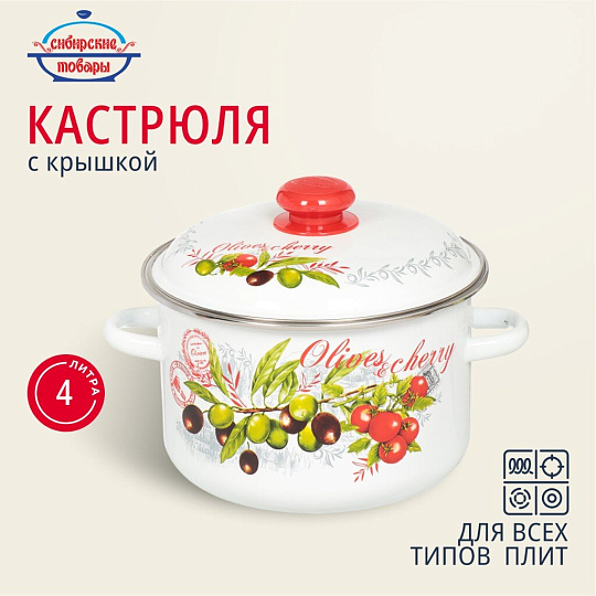 Кастрюля эмалированная сталь, 4 л, с крышкой, крышка сталь, цилиндрическая, Сибирские товары, Оливки и черри, 3MD201M, индукция