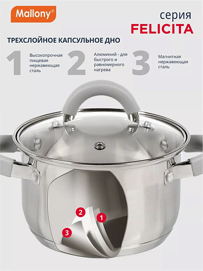 Кастрюля нержавеющая сталь, 2 л, крышка стекло, силиконовые ручки, Mallony, Felicità, 009386, индукция