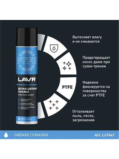Смазка цепная Lavr, с PTFE, белая, 400 мл, аэрозоль, Ln1741