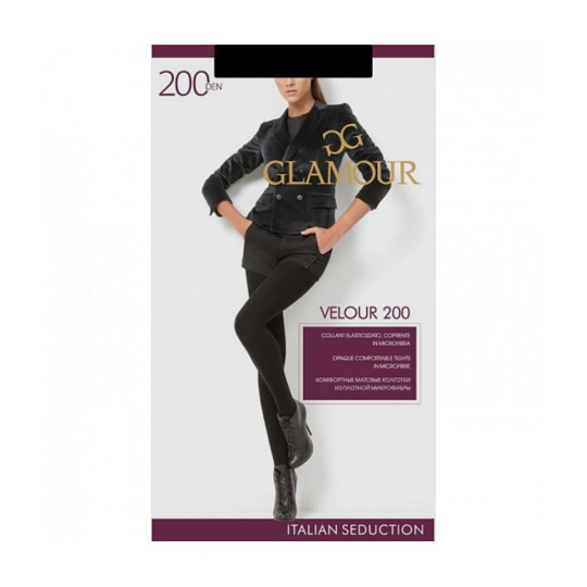 Колготки Glamour, Velour, 200 DEN, р. 2, nero/черные, комфортный пояс