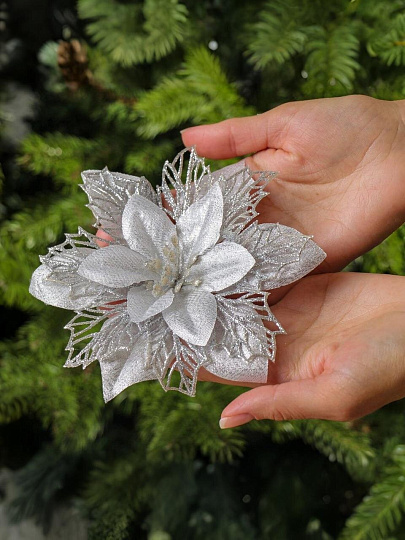 Елочное украшение Пуансеттия, серебро, 16 см, на прищепке, набор 5 шт, Y4-9820МП