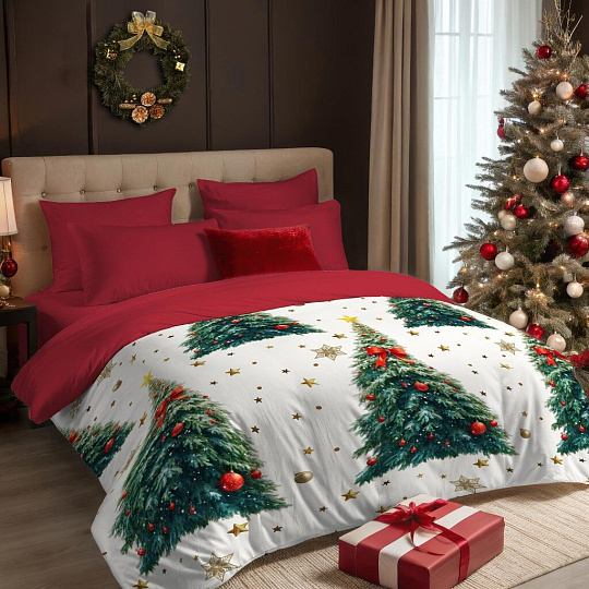 Постельное белье 2-сп, пр220х240, 2н50х70, п175х220, Mcotton, м-сат, Новогодняя ель