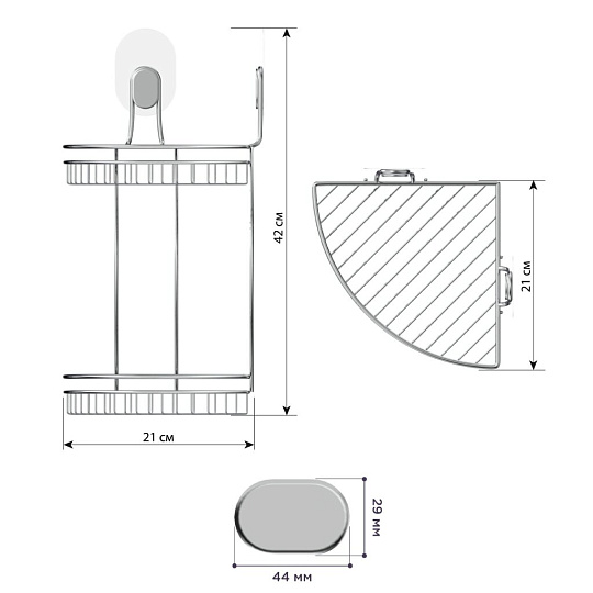 Полка для ванной металл, настенная, 2 яруса, угловая, 21х21х42 см, силиконовые крепления, LEMER, LERAFORM, LEM-LER14