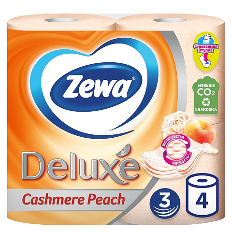 Туалетная бумага Zewa, Deluxe, 3 слоя, 4 шт, 18.8 м, с втулкой, персик