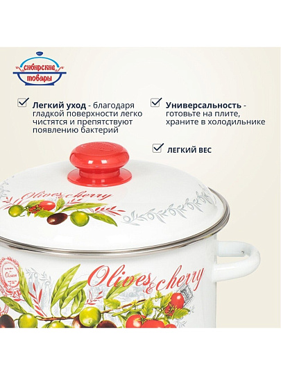 Кастрюля эмалированная сталь, 4 л, крышка сталь, цилиндрическая, Сибирские товары, Оливки и черри, 3MD201M, индукция