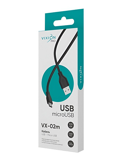 Кабель USB Vixion, VX-02m PRO, microUSB, 2.4 А, 1 м, черный, GS-00028529