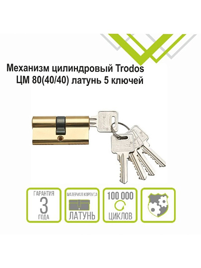 Личинка замка двери Trodos, ЦМ, 209200, 80 мм, золото, блистер, 5 ключей