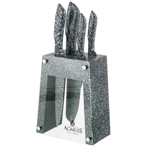 Набор ножей 6 предметов, 20 см, 20 см, 20 см, 12.5 см, 9 см, нержавеющая сталь, рукоятка пластик, с подставкой, пластик, Agness, 911-679