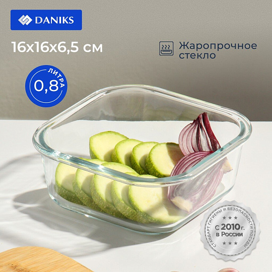 Контейнер пищевой жаропрочное стекло, 0.8 л, 16х16х6.5 см, прямоугольный, с бамбуковой крышкой, Y4-6574