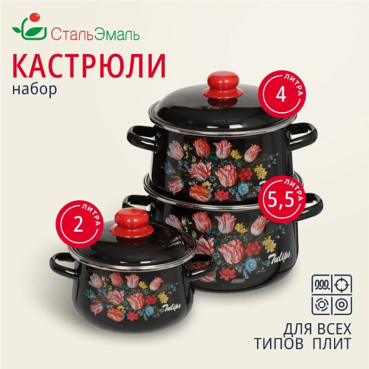 Набор посуды эмалированная сталь, 6 предметов, кастрюли 2,4,5.5 л, индукция, СтальЭмаль, Букет тюльпанов, 1с408