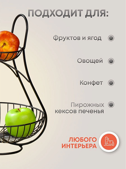 Ваза для фруктов, 2 яруса, металл, на ножке, 25х25х37 см, Y4-7625, черная