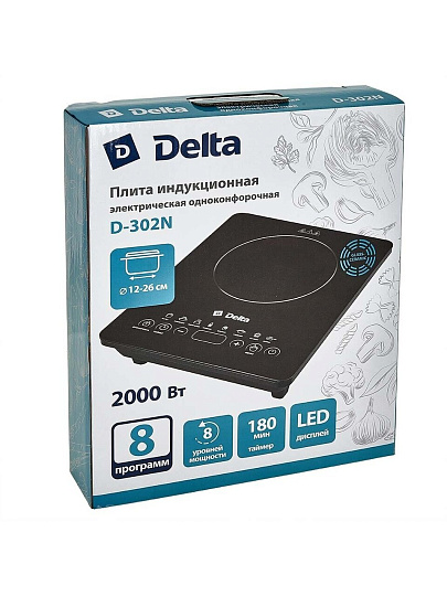 Плита индукционная Delfa, D-302N, 2000 Вт, 1 конфорка, стеклокерамика, сенсорная, переключатель сенсорный, 8 программ, черная