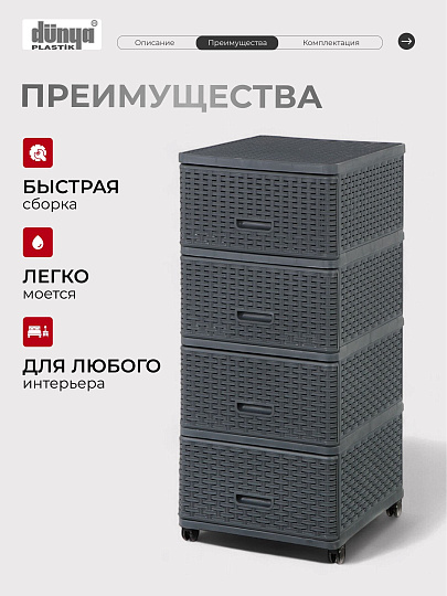 Комод 4 ящика, Дюна, 40х50х98 см, антрацит, плетеный, 04054, Dunya Plastik