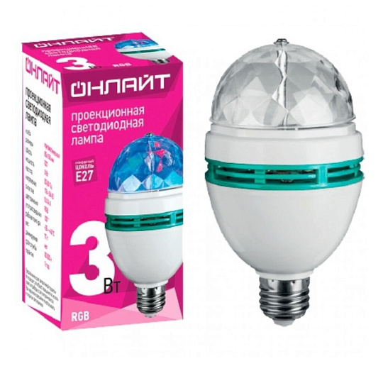 Лампа светодиодная E27, 3 Вт, эллипсоидная, RGB, Онлайт, Disco, 61119