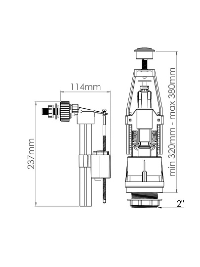 Арматура для бачка унитаза боковая, 1/2", однорежимная, кнопочная, хром, нержавеющий крепеж, Aquanova, 4126