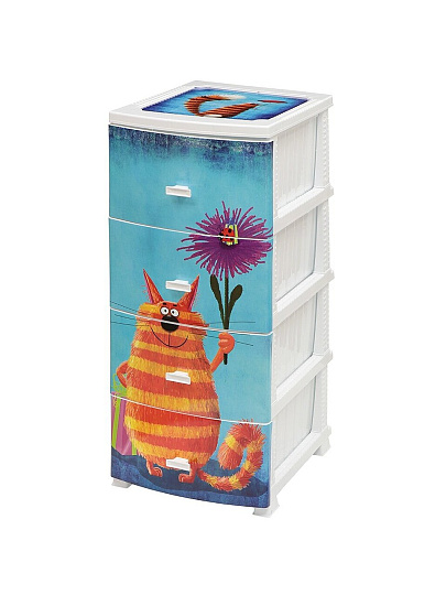 Комод детский 4 ящика, Кот, 38х47х98 см, белый, Росспласт, РП-451