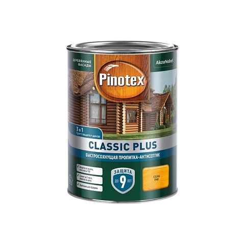 Пропитка Pinotex, Classic Plus, для дерева, антисептик, сосна, 0.9 л