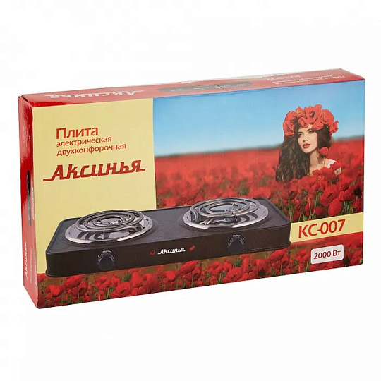 Плита электрическая Аксинья, КС-007, 2000 Вт, 2 конфорки, спираль, эмаль, механическая, переключатель поворотный, коричневая