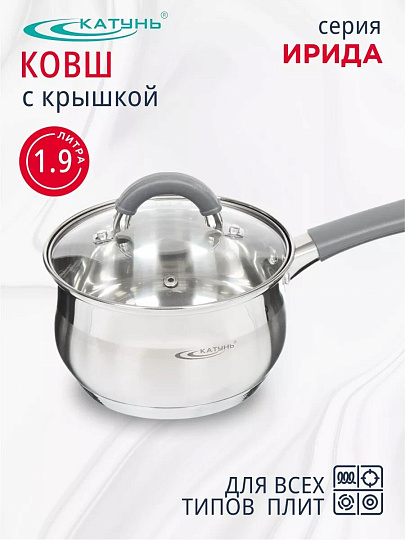 Ковш нержавеющая сталь, 1.9 л, крышка стекло, силиконовая ручка, индукция, Катунь, Ирида, КТ08-К