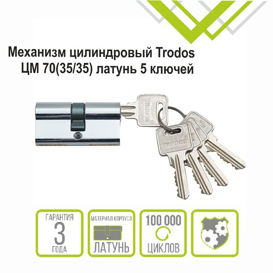 Личинка замка двери Trodos, ЦМ, 209207, 70 мм, хром, блистер, 5 ключей