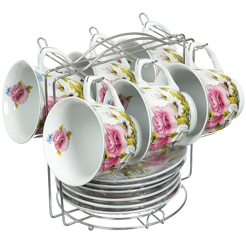 Сервиз чайный из керамики, 12 предметов, на подставке Розовые цветы 12-66