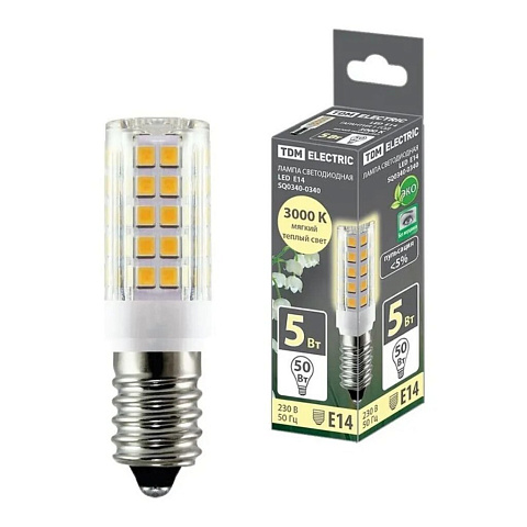 Лампа светодиодная E14, 5 Вт, 50 Вт, 230 В, капсула, 3000 К, свет теплый белый, TDM Electric