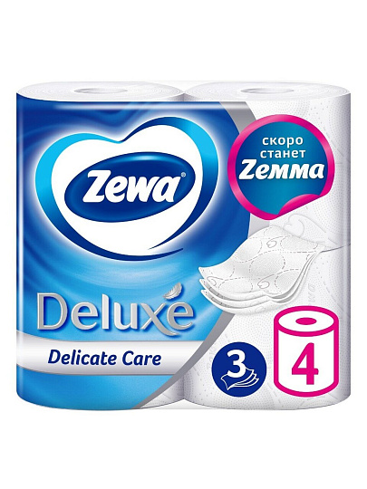 Туалетная бумага Zewa, Deluxe, 3 слоя, 4 шт, 20.7 м, с втулкой, белая