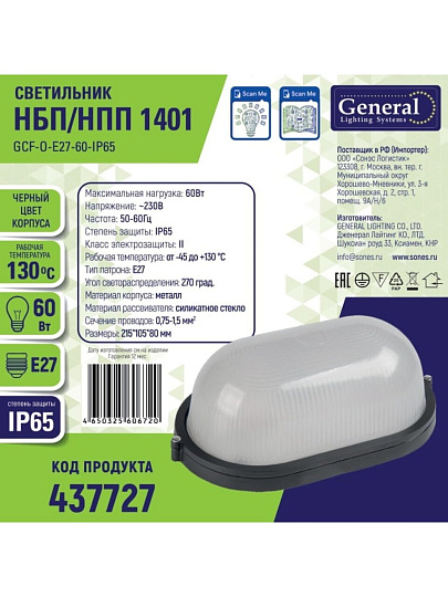 Светильник под лампу General Lighting Systems, ЖКХ 1401 НБП/НПП, 60 Вт, E27, на 1 лампочку, IP65, 21.5х10.5х8 см, без решетки, оцинкованный, черный, GCF-O-E27-60-IP65