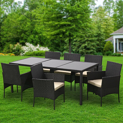 Мебель садовая Green Days, Эльмира, черная, стол, 190х90х75 см, 6 кресел, подушка бежевая, 120 кг, J-2022