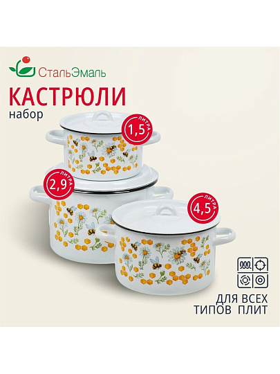 Набор посуды эмалированная сталь, 3 предмета, кастрюли 1.5, 2.9, 4.5 л, индукция, СтальЭмаль, Пчелы, 1с33