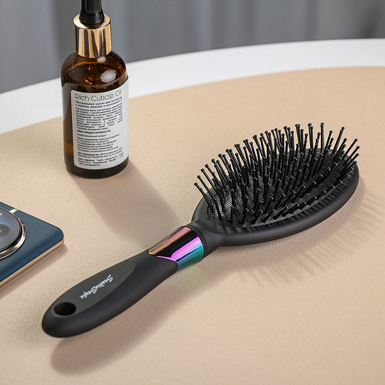 Расческа массажная, резиновая ручка, для волос, овальная, черная, 70х265х40 мм, Studio style, 58808-7121