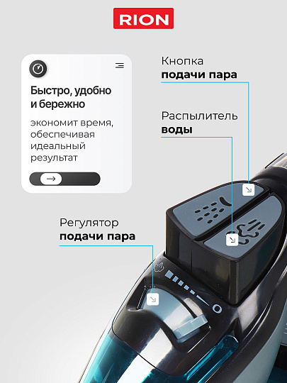 Утюг Rion, SZ-8016, 2200 Вт, керамика, вертикальное отпаривание, противокапельная система, 1.85 м, голубой