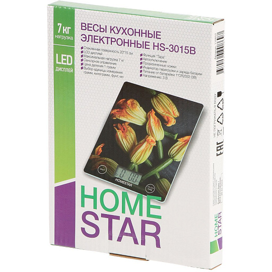 Весы кухонные стекло, Homestar, HS-3015B, платформа, 10 г, до 7 кг кг, LCD-дисплей, 110057