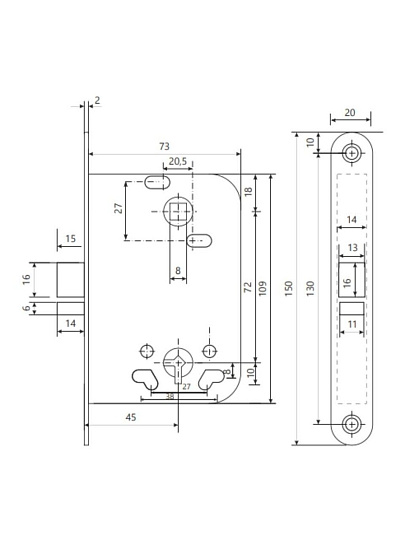 Замок врезной Apecs, 6000-WC/S-CR, 11374, без ручки, сувальдный, хром