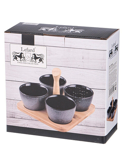 Соусник фарфор, Lefard, Graphite, 175 мл, 19х6.5 см, с ручкой, 4 шт, деревянная подставка, 474-240