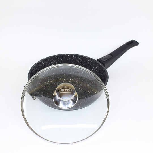 Сковорода литой алюминий, 26 см, антипригарное покрытие, Алтей, Granit Perfection black, с крышкой, съемная ручка, 02-2650-110