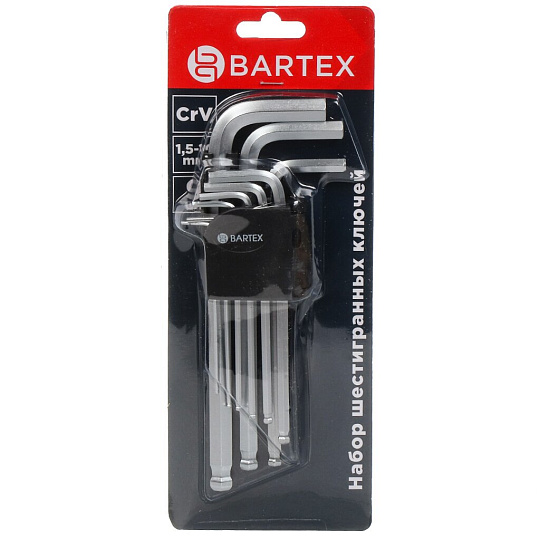 Набор ключей имбусовых, шестигранник, 9 предметов, Bartex, 1.5-10 мм, CrV сталь, удлиненные с HEX шаром, пластиковый держатель