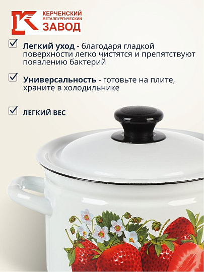 Кастрюля эмалированная сталь, 3 л, крышка сталь, цилиндрическая, Керченский металлургический завод, Клубника садовая, 41704-122/6-У4