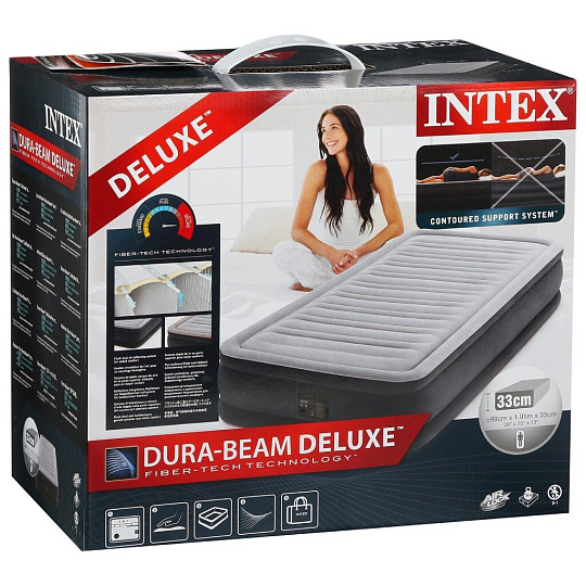 Кровать надувная Intex, 191х99х33 см, 67766ND, насос встроенный, электрический, флокированная, с сумкой, с ребрами жесткости, 136 кг