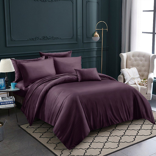 Постельное белье евро, простыня 220х240 см, 2 наволочки 70х70 см, пододеяльник 200х220 см, Майская ночь, страйп-полисатин, фиолетовое, 30/007-PSS/MAY