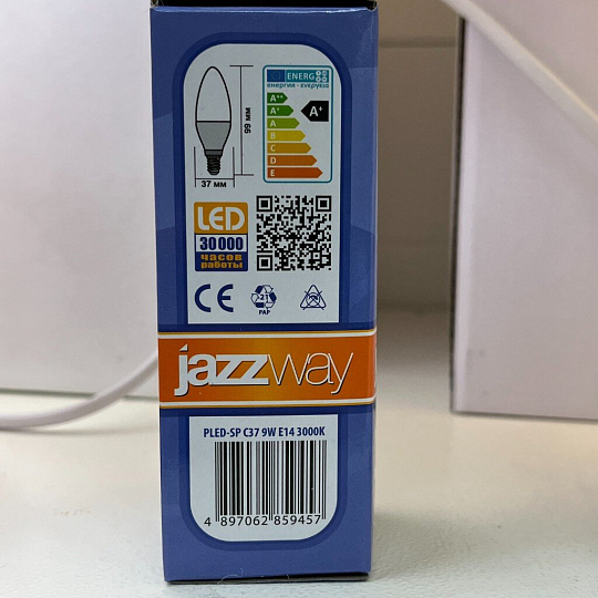 Лампа светодиодная E14, 9 Вт, 75 Вт, свеча, 3000 К, теплый белый свет, JazzWay, PLED- SP C37