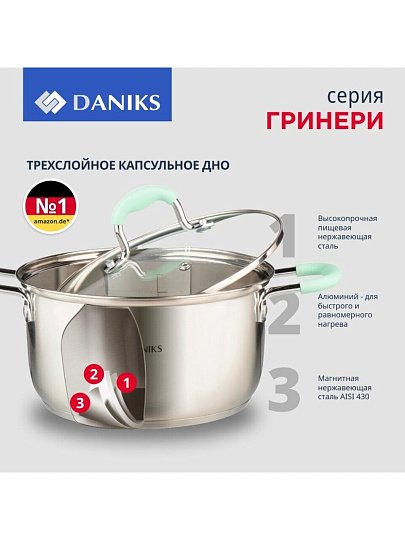 Кастрюля нержавеющая сталь, 2.5 л, крышка стекло, силиконовые ручки мятные, Daniks, Гринери, SD-23-18-2, индукция