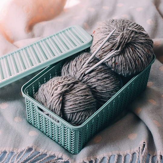 Корзина для хранения, 6 л, прямоугольная, плетеная, пластик, фисташковая, с крышкой, Idea, Вязание, М2370