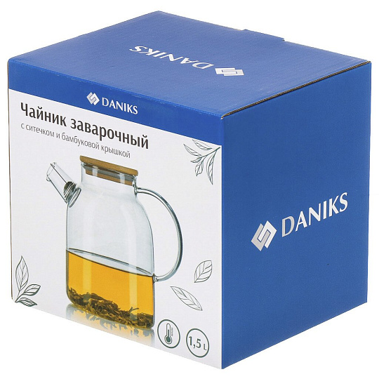 Чайник заварочный стекло, 1.5 л, с ситечком, с бамбуковой крышкой, Daniks, SXH09
