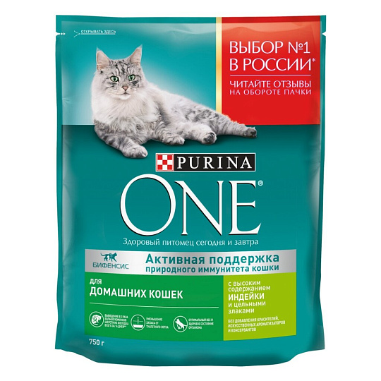 Корм для животных Purina, One, 750 г, для домашних кошек, индейка, цельные злаки, 0042014118