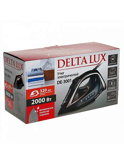 Утюг Delta, LUX DE-3001, 2000 Вт, керамика, вертикальное отпаривание, 1.8 м, черный с бронзовым