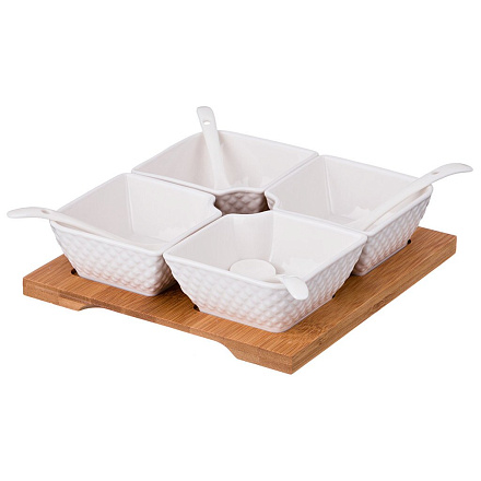 Менажница 4-х секционная диаманд на подставке 17x17 см. высота: 5 см. + 4 ложки, 359-378