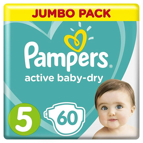 Подгузники детские Pampers, Active Baby Dry Junior, 5, 11 - 16 кг, 60 шт, унисекс