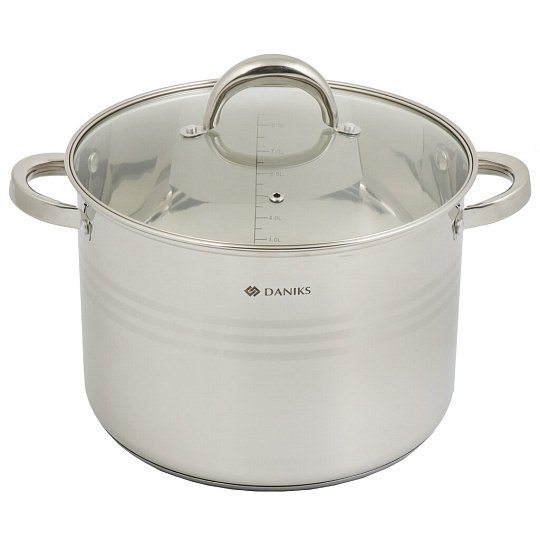 Кастрюля нержавеющая сталь, 10 л, крышка стекло, Daniks, Общепит, SD-6BP-10, индукция
